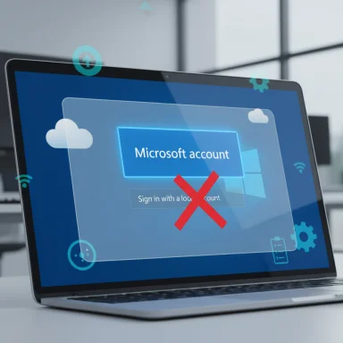 Laptop screen shows a Microsoft account sign-in blocked with a red X.