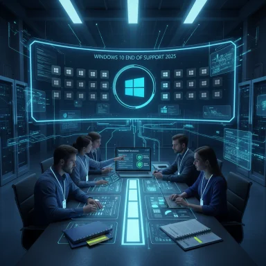 A futuristic command center where a team reviews Windows 10 end-of-support 2025.