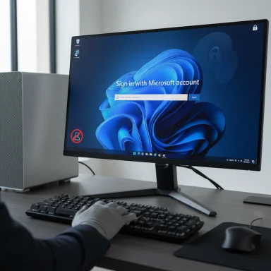 A person wearing gloves types on a Windows PC showing a “Sign in with Microsoft account” screen.