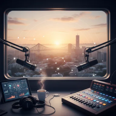 Radio studio at sunrise with city skyline, two microphones, mixing console, tablet, headphones, steaming coffee.