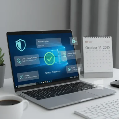 Laptop on a desk displays a Windows security dashboard with shield icons.