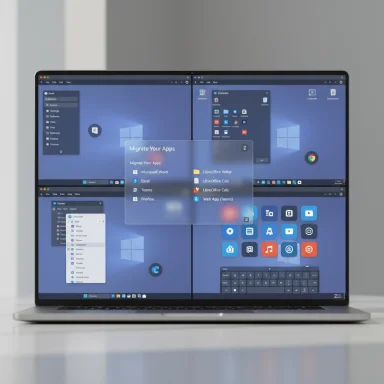 A modern laptop displays a 'Migrate Your Apps' overlay across several Windows-style desktops.