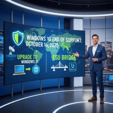 A presenter in a suit explains Windows 10 end-of-support and the Windows 11 upgrade on a large screen.