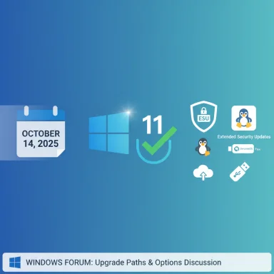 Windows-themed banner showing Oct 14, 2025, Windows 11 logo, ESU shield, Linux penguin icons, cloud/USB, and a forum banner.