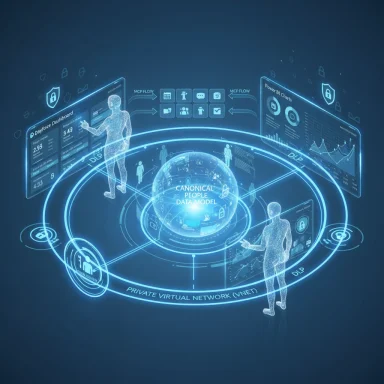 Blue holographic visualization of a canonical people data model in a private virtual network.