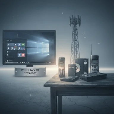 A Windows 10 monitor on a plaque sits beside vintage mobile phones and a telecom tower on a wooden table. A Windows 10 monitor on a plaque sits beside vintage mobile phones and a telecom tower on a wooden table.