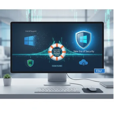 A computer monitor displays Windows security graphics featuring a lifebuoy for Extended Security Updates.