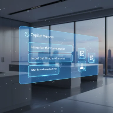A holographic “Copilot Memory” panel floats in a modern office, listing memory prompts.