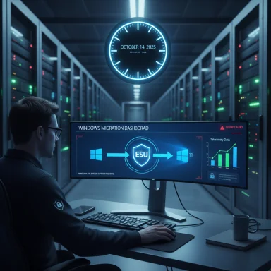 IT technician monitors a Windows migration dashboard in a data center.