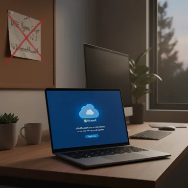 A laptop on a wooden desk shows a Microsoft cloud screen in a tidy home office.