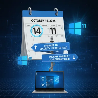 Calendar shows Oct 14, 2025 with Windows 11 ESU upgrade and Linux/ChromeOS/Cloud migration signs.