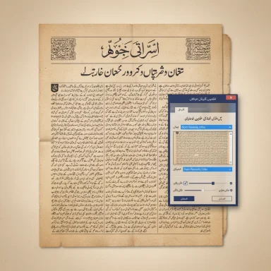 An old Urdu newspaper page overlaid with a modern software dialog.