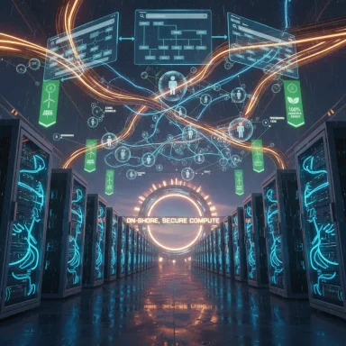 Futuristic data center with glowing blue servers and holographic data networks.