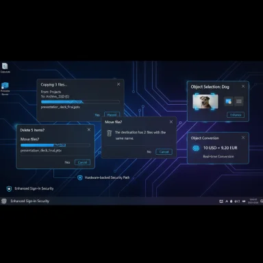 A futuristic desktop with multiple floating file-management dialogs over a blue circuit background.