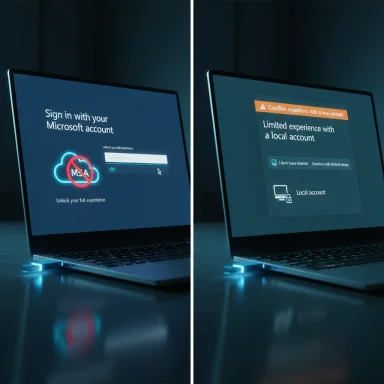 Split-screen laptop screens show Microsoft account sign-in on the left and local account on the right.