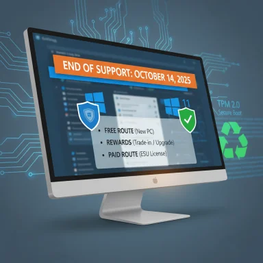 A computer monitor displays 'End of Support: October 14, 2025' with upgrade options.