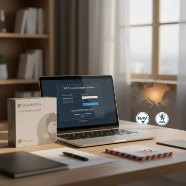 A tidy home office with a laptop displaying a VAT & Customs Import Calculator beside a Microsoft Office box.