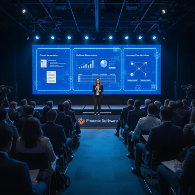 A speaker presents at a Phoenix Software conference on a blue-lit stage with a large digital screen.
