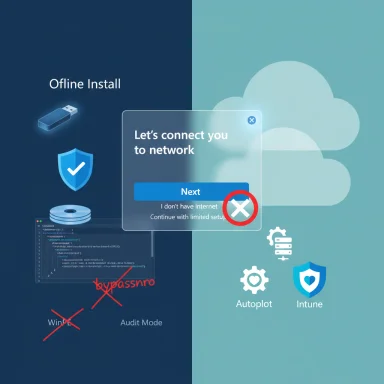 Split-screen installer: offline install on the left and a network-connect prompt on the right.