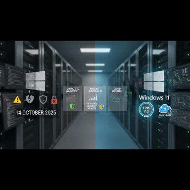 Data center corridor split, displaying Windows 11 migration and security options (14 October 2025).