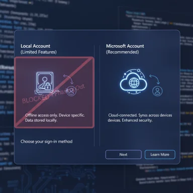Sign-in options panel comparing Local Account (offline, limited) with Microsoft Account (cloud-connected).