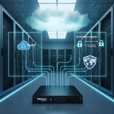 Azure cloud in a data center with double-key encryption and a security shield.
