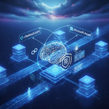 A futuristic blue holographic brain connected to cloud services and payment networks.