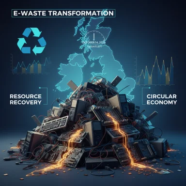 Pile of discarded electronics glowing with circuits, promoting e-waste transformation and the circular economy.