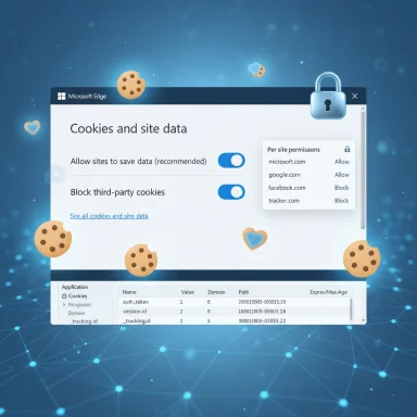 A Microsoft Edge cookies and site data settings window with toggles and floating cookie icons.