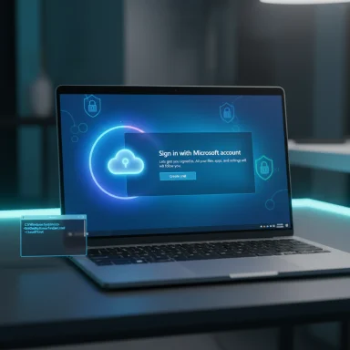 Laptop displays a blue Microsoft account sign-in prompt with cloud icon and security graphics.