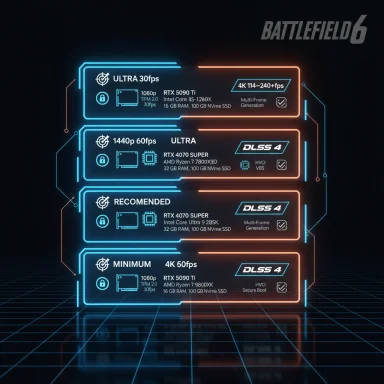 Neon infographic of Battlefield 6 PC specs with Ultra, 4K and DLSS 4 options.
