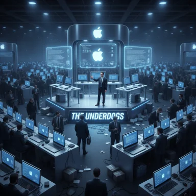 A futuristic tech expo scene with a central “THE UNDERDOGS” stage surrounded by rows of computer desks. A futuristic tech expo scene with a central “THE UNDERDOGS” stage surrounded by rows of computer desks.