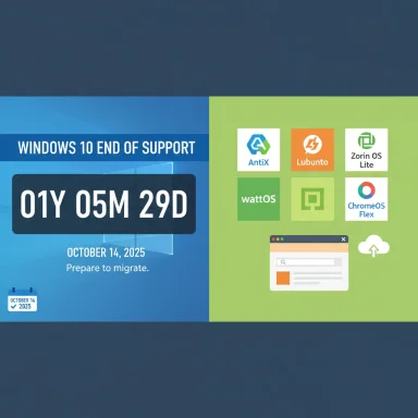 Windows 10 end-of-support countdown (01Y 05M 29D) with migration reminder and Linux OS logos.
