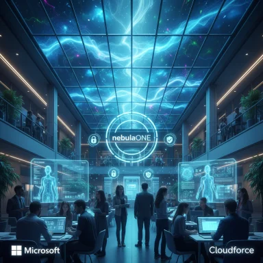 A futuristic tech hub with holographic displays surrounding a central nebulaONE logo.