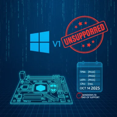Blue schematic of a motherboard with Windows logo and a red UNSUPPORTED stamp signaling Windows 10 end of support.