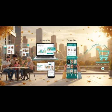 City plaza scene with screens and devices illustrating an October–December shopping rewards journey.
