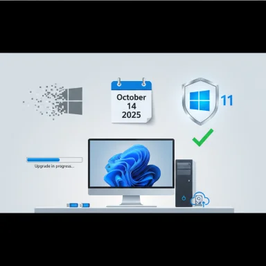 Windows 11 upgrade in progress with date October 14, 2025.