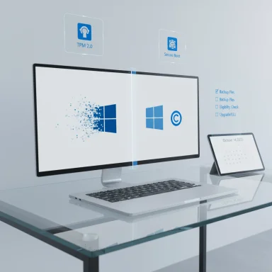A sleek Windows PC on a glass desk with a split dual-monitor display and security icons.