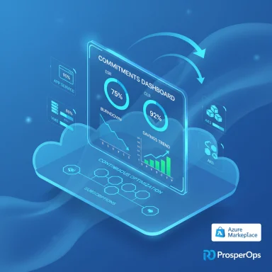 Futuristic blue holographic dashboard showing commitment metrics and savings trends in the cloud.