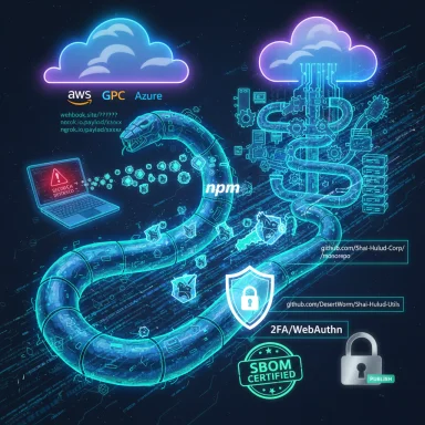 Neon cyberpunk scene of a serpentine data pipeline linking AWS, GCP, and Azure clouds to npm and security icons.