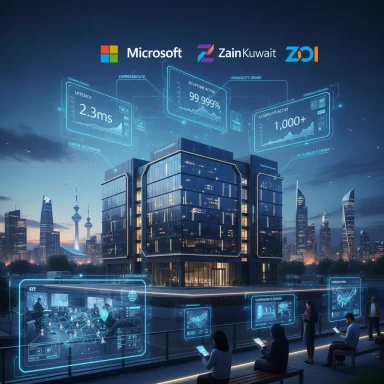 Futuristic glass building with holographic data panels and logos for Microsoft, Zain Kuwait, and ZOI.