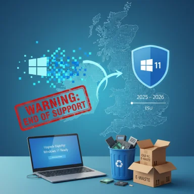 End-of-support warning prompts upgrading to Windows 11 with ESU for 2025–2026.