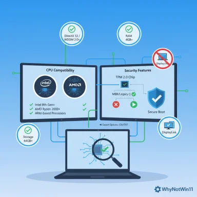 Infographic outlining Windows 11 hardware requirements and compatibility checks (CPU, RAM, TPM, Secure Boot).