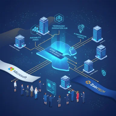 Futuristic Africa-centric tech hub infographic featuring AI, Azure region, and partners (Microsoft, ZainTech).