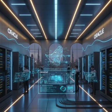 Futuristic Oracle data center with holographic dashboards and engineers at work.