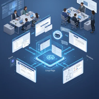 A futuristic collaboration hub featuring a central Loop Page linking Teams and OneNote.