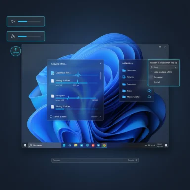 A futuristic Windows 11 desktop with glowing translucent widgets and overlays.