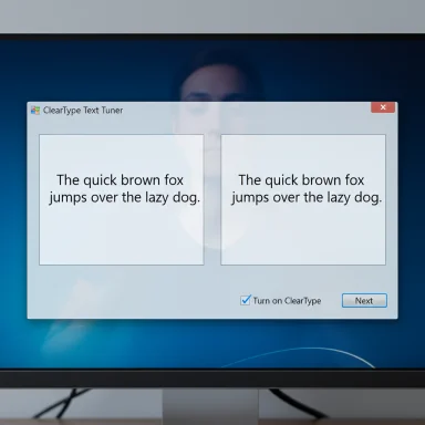 A Windows ClearType Text Tuner dialog with two side-by-side text samples on a blue desktop.