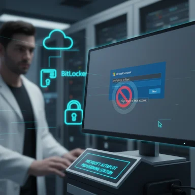 A technician in a data center monitors a provisioning station with cloud and lock icons.