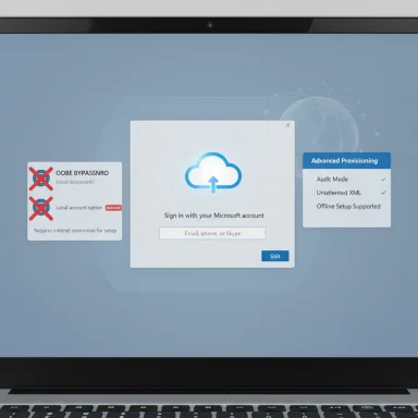 Laptop screen shows a cloud-sign-in dialog for a Microsoft account, with setup panels on both sides.